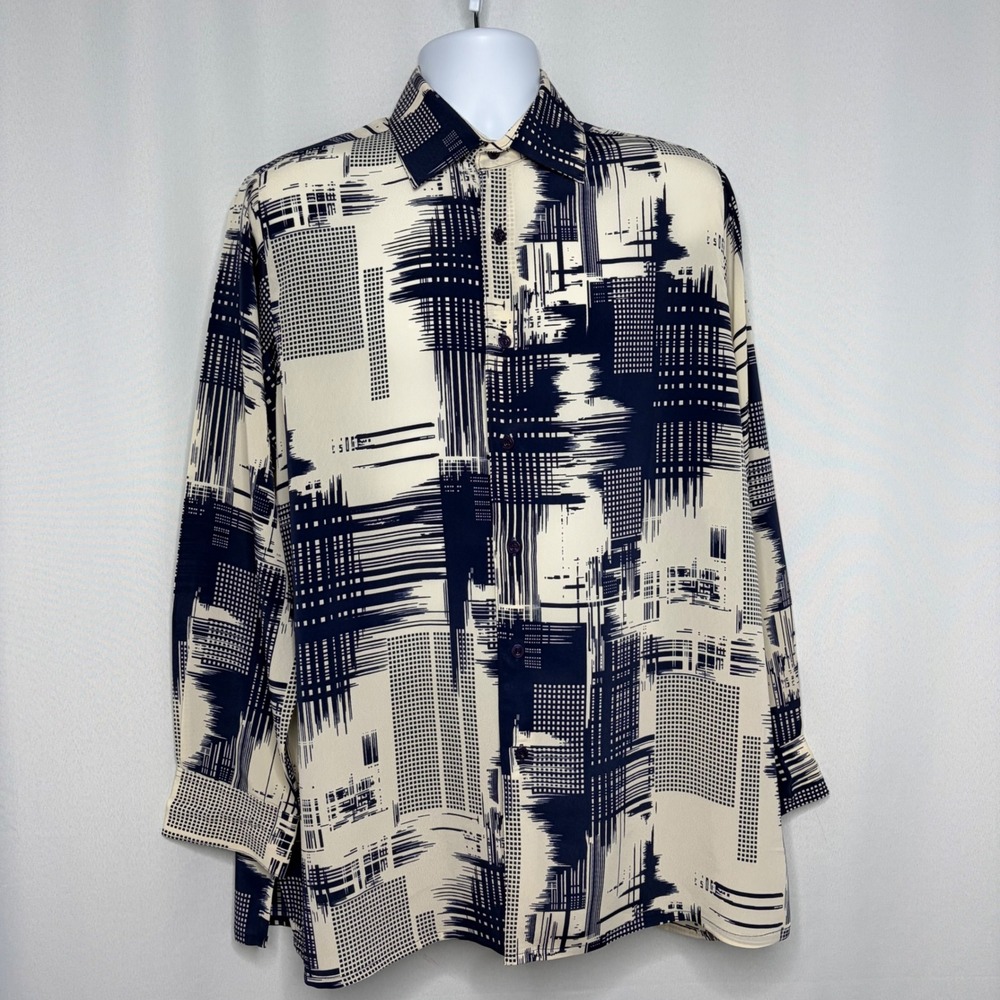 Bassiri Limited Collection Men XL Navy Cream Abstract Geometric Microfiber Shirt